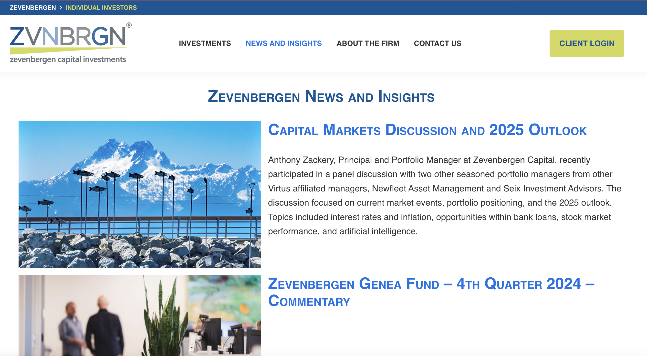 Screenshot of Zevenbergen Capital Investments’ “News and Insights” page, featuring articles about capital markets and quarterly fund commentary, with images of snowy mountains by water and a person in an office setting.
